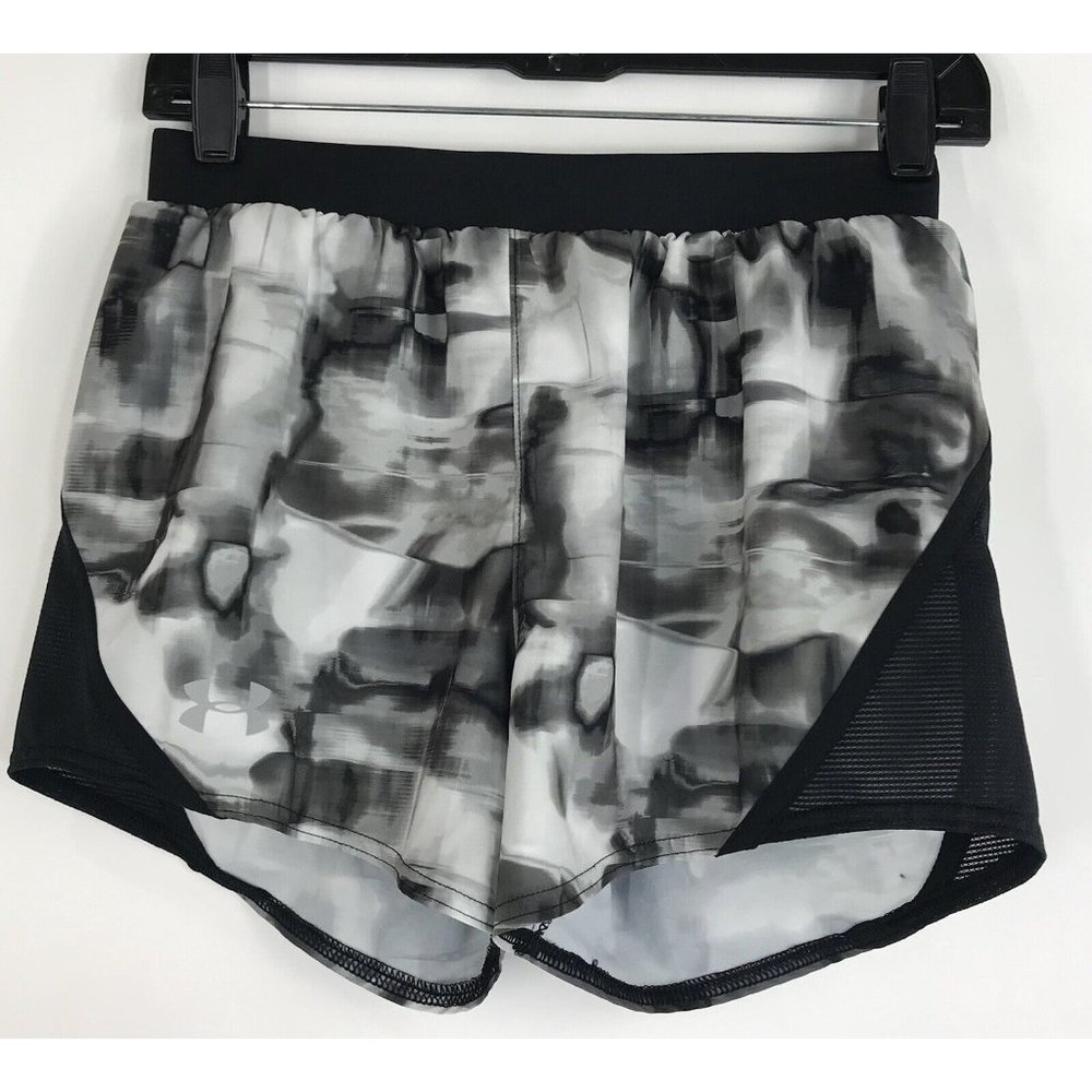 Under Armour Womens XS Black Gray Tie Dye Running Shorts Loose Heat Gear Lined